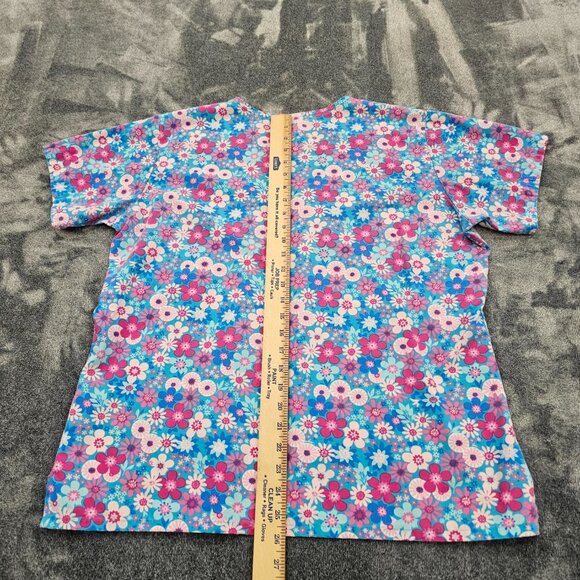 Ready 2 Wear Medical Scrub top womens large blue pink floral print nurse SS - Picture 14 of 15